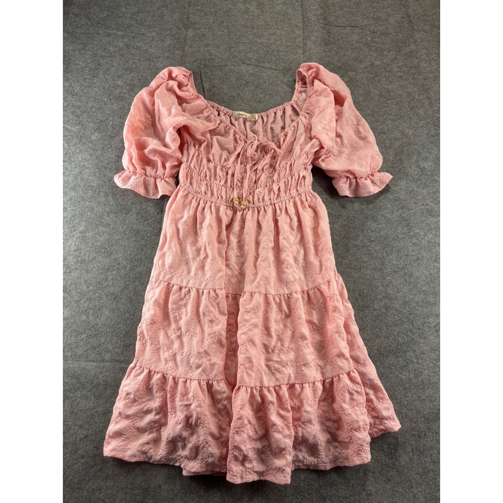 Liberty Love Pink Textured Puff Sleeve Smocked Tiered Mini Dress L Cottagecore